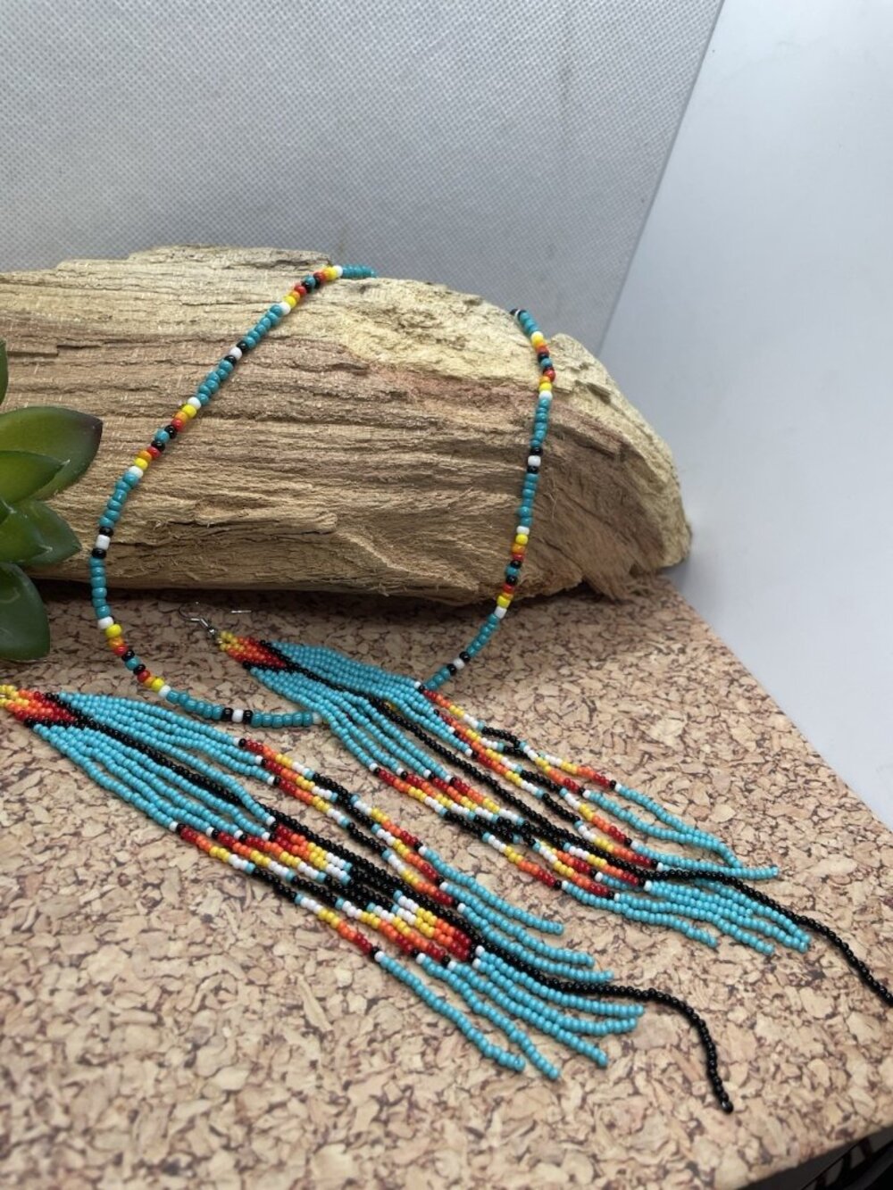TURQUOISE 7" Handmade Earrings Fun Seed Bead Necklace Set Boho Choker Beach - Picture 5 of 7